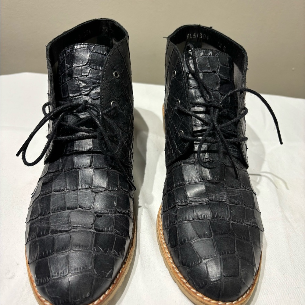 Stuart Weitzman  Black Croc Embossed Leather  Lace-Up Boots